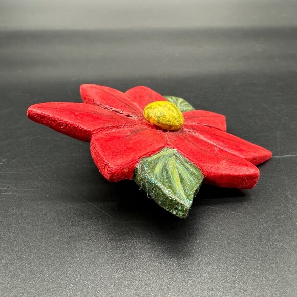 Christmas Brooch Pin Handcrafted Wooden Poinsettia Red Flower Holiday Jewelry - Picture 3 of 8